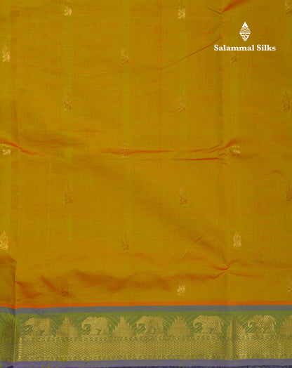 Beautiful Manthulir Yellow Semi Silk Cotton Saree With Contrast Purple Traditional Border