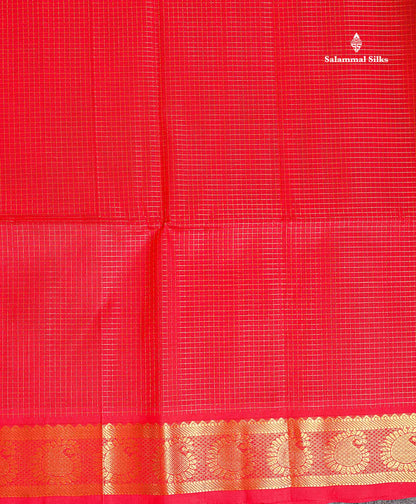 Pure Silk Cotton Saree - Chilly Red Colour Body Small Zari Checks With Traditional Border