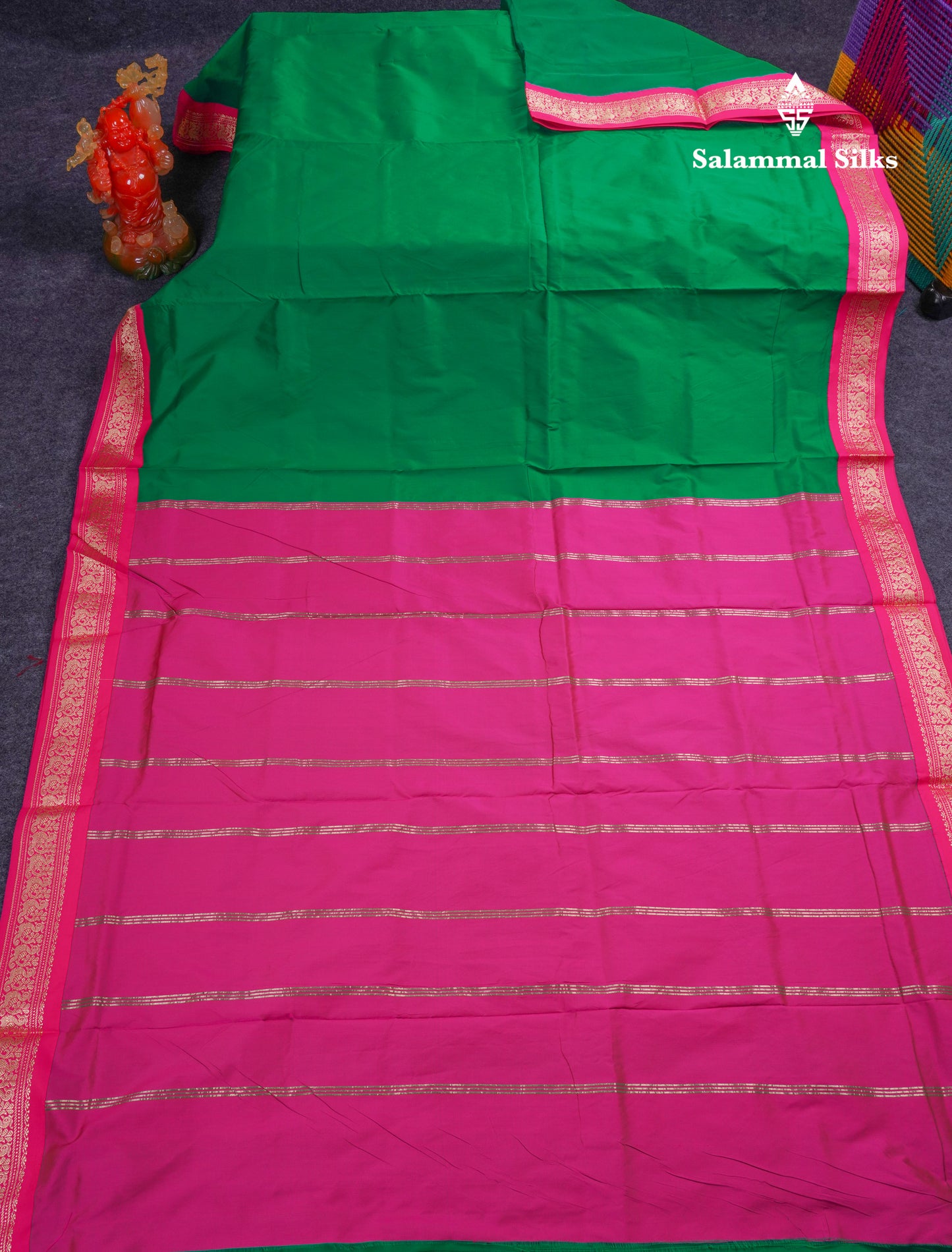 9.5 Yards Semi Silk Saree Saffire Green With Contrast Pink Traditional Border