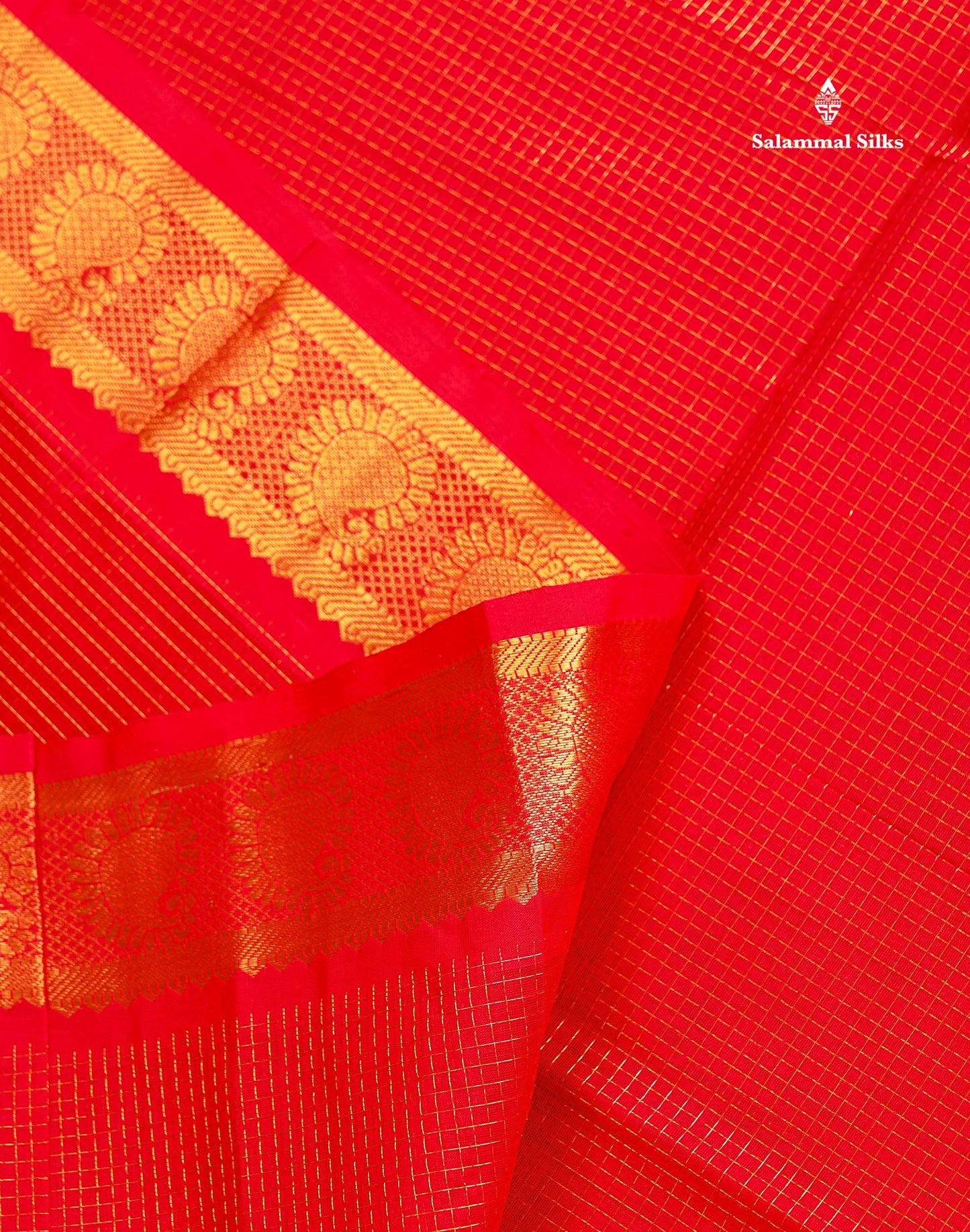 Pure Silk Cotton Saree - Chilly Red Colour Body Small Zari Checks With Traditional Border