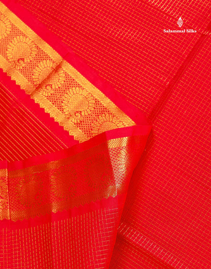 Pure Silk Cotton Saree - Chilly Red Colour Body Small Zari Checks With Traditional Border