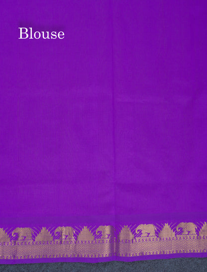 Beautiful Manthulir Yellow Semi Silk Cotton Saree With Contrast Purple Traditional Border