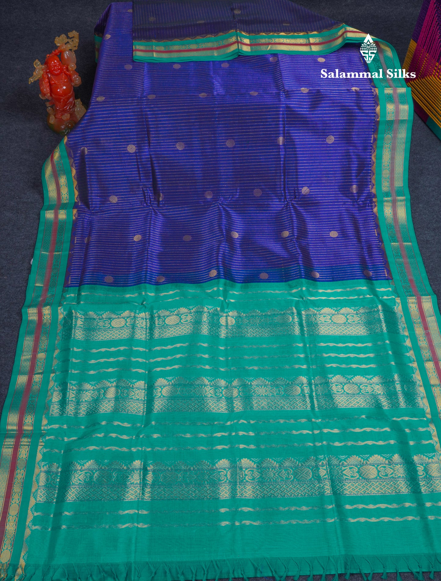 Beautiful Navy Blue Pure Silk Cotton Saree With Contrast Sapphire Green Traditional Border