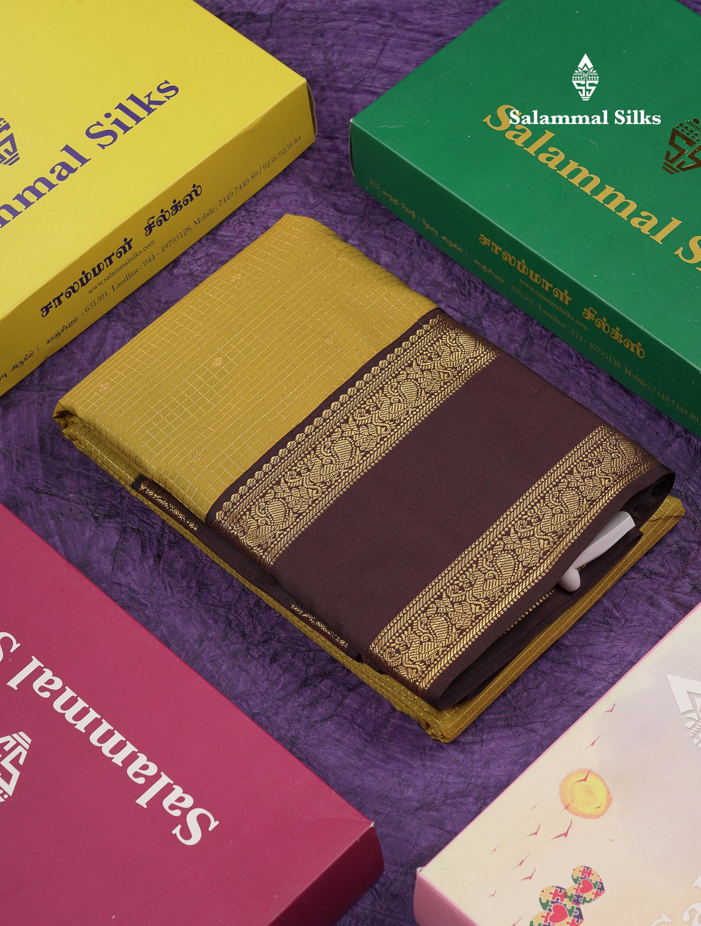 Beautiful Manthulir Yellow Checks With Butta Semi Silk Saree With Contrast Dark Brown Traditional Rettapet Border