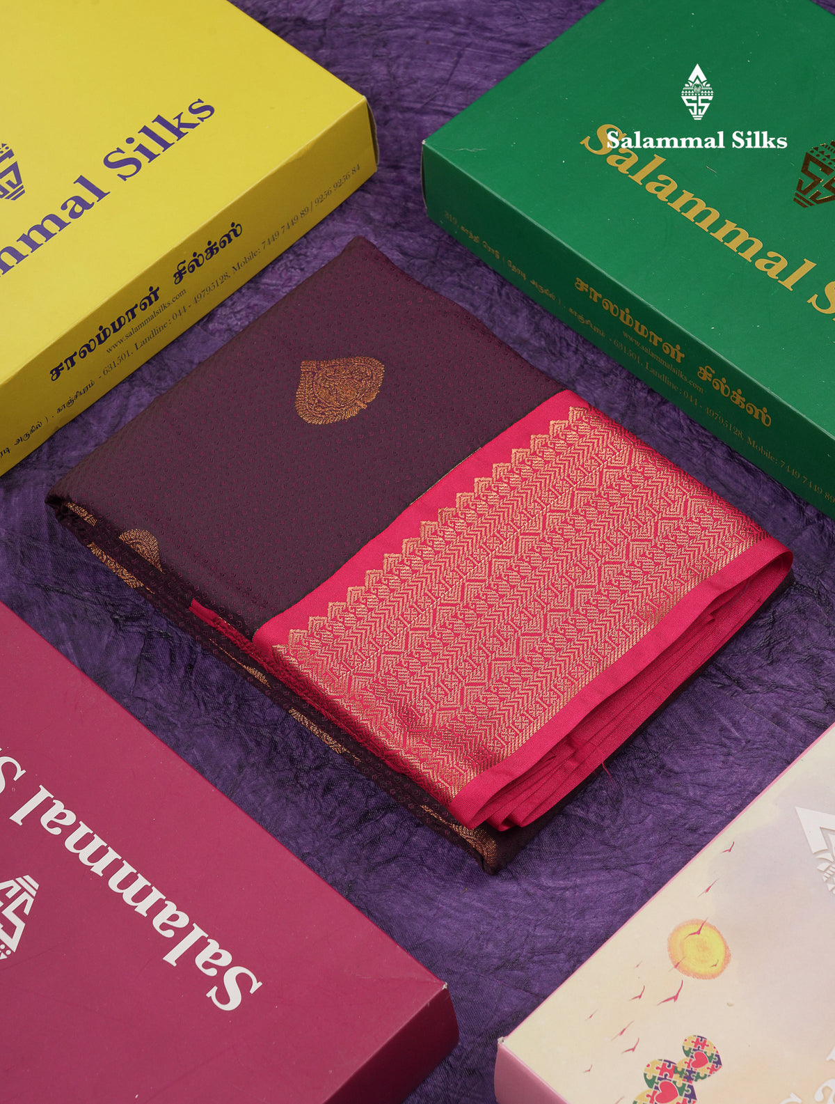 Beautiful Dark Violet Semi Silk Saree With Contrast Traditional Pink Border