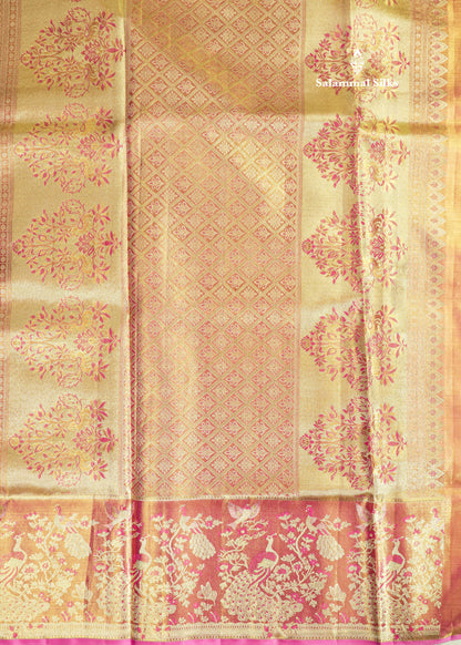 Light Green Tissue Bridal Pure Kanjivaram Silk Saree With Contrst Light Pink Animal Theme Based Border
