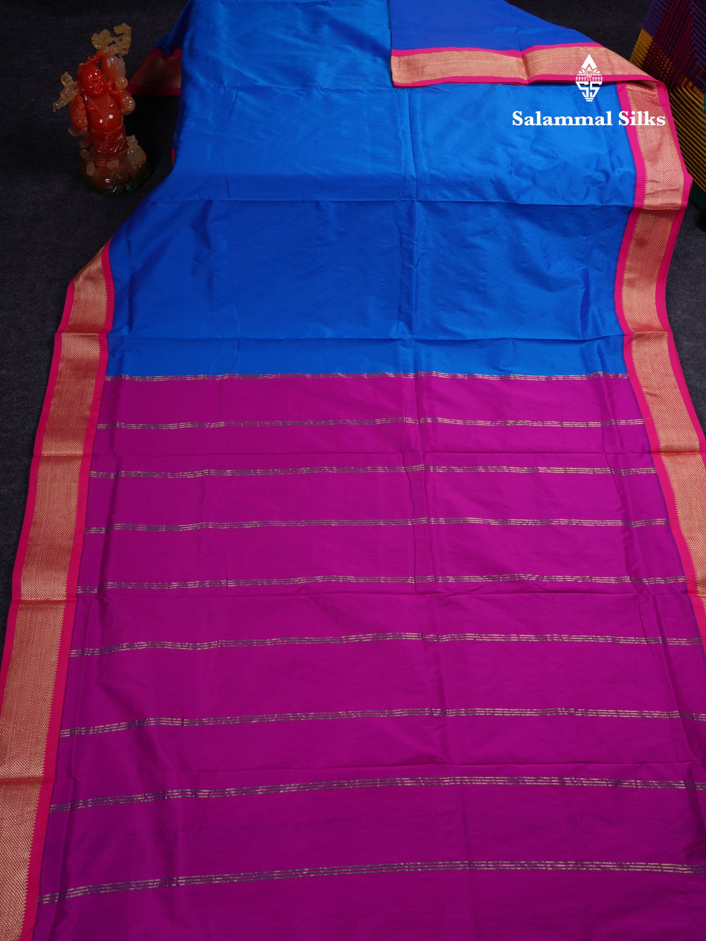 9.5 Yards Semi Silk Saree Royal Blue With Contrast Pink Traditional Border