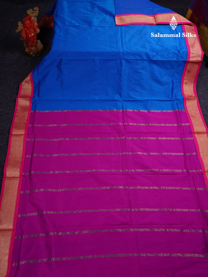 9.5 Yards Semi Silk Saree Royal Blue With Contrast Pink Traditional Border