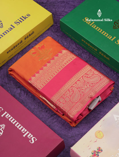 Beautiful Orange Semi Silk Saree With Contrast Chilly Reddish Pink Traditional Evening Morning Border