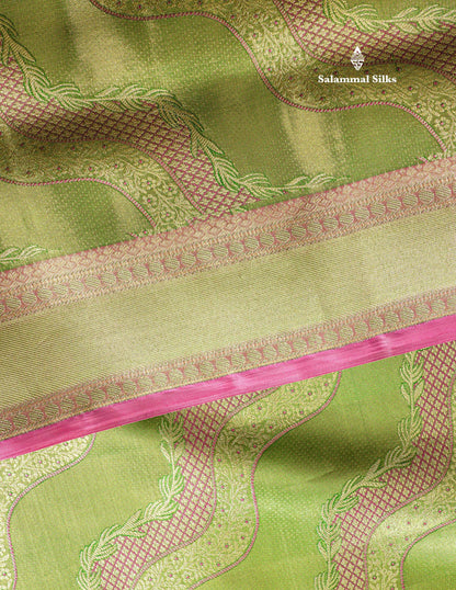 Light Green Tissue Bridal Pure Kanjivaram Silk Saree With Contrst Light Pink Animal Theme Based Border