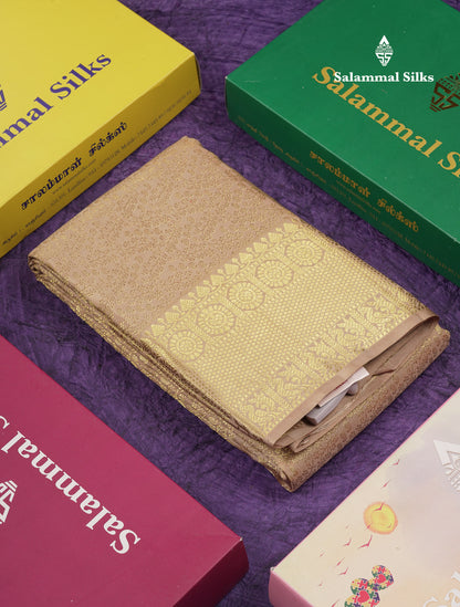 Beautiful Cream Sandal Pure Kanjivaram Silk Saree With Traditional Border