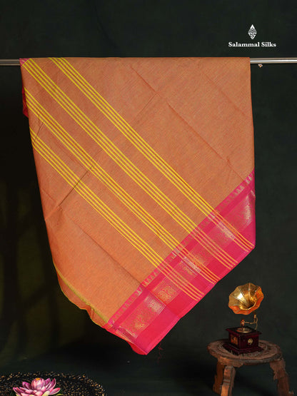 Chettinad Pure Cotton Saree - Light Brown Colour Body Plain With Dual Tone Bottle Green Border