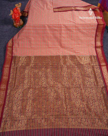 9.5 Yards Semi Silk Saree Red & White Checks With Contrast Maroon Traditional Border