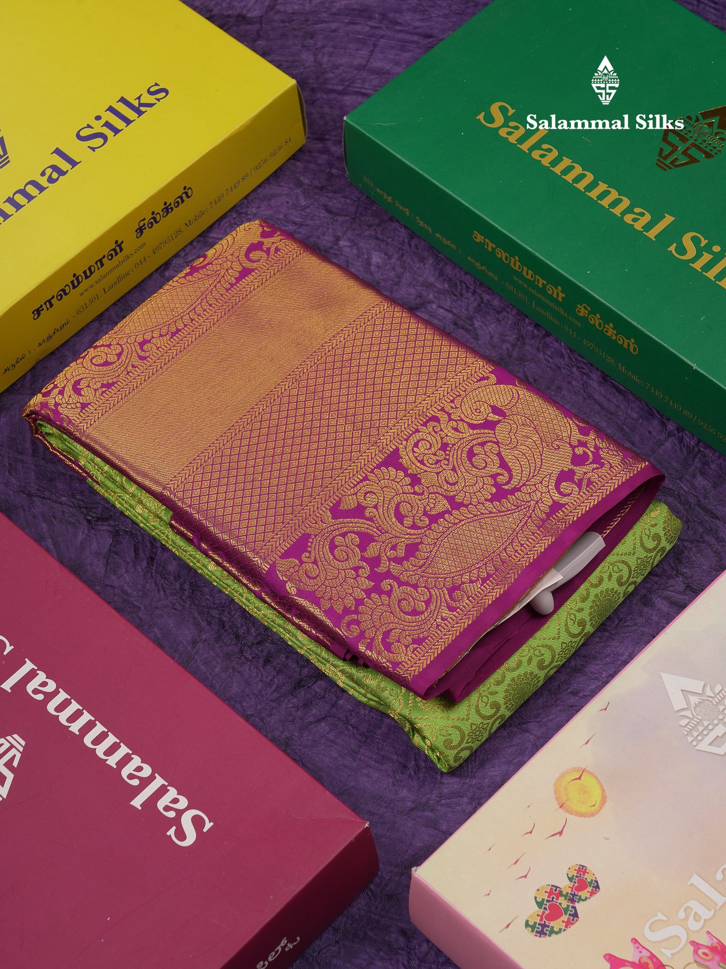 Beautiful Parrot Green Pure Kanjivaram Silk Saree With Contrast Dark Purple Traditional Evening Morning Border