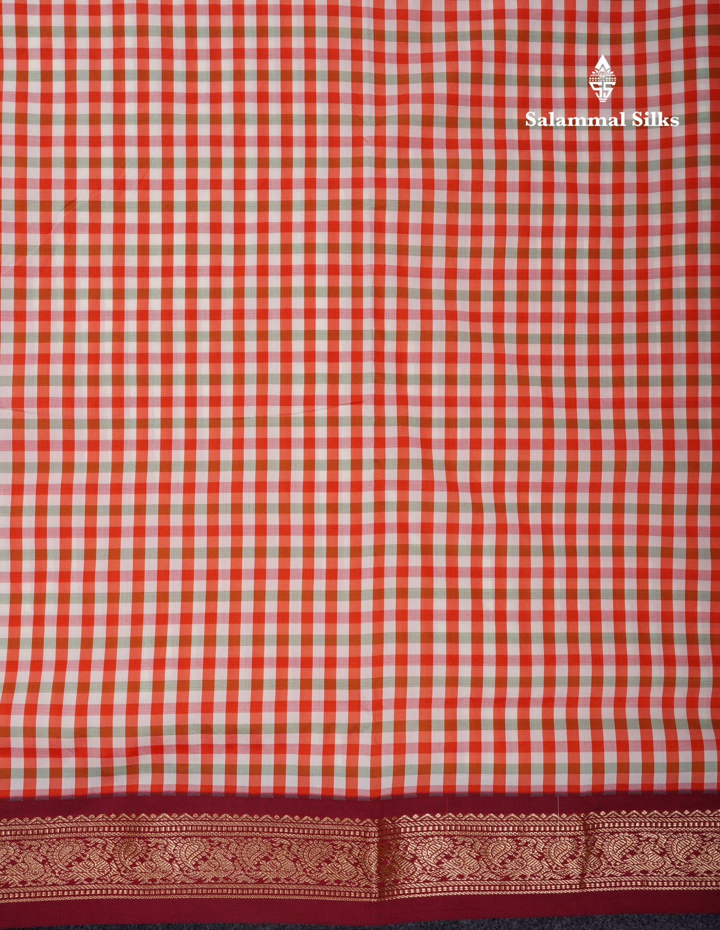 9.5 Yards Semi Silk Saree Red & White Checks With Contrast Maroon Traditional Border