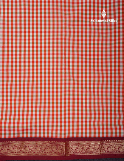 9.5 Yards Semi Silk Saree Red & White Checks With Contrast Maroon Traditional Border