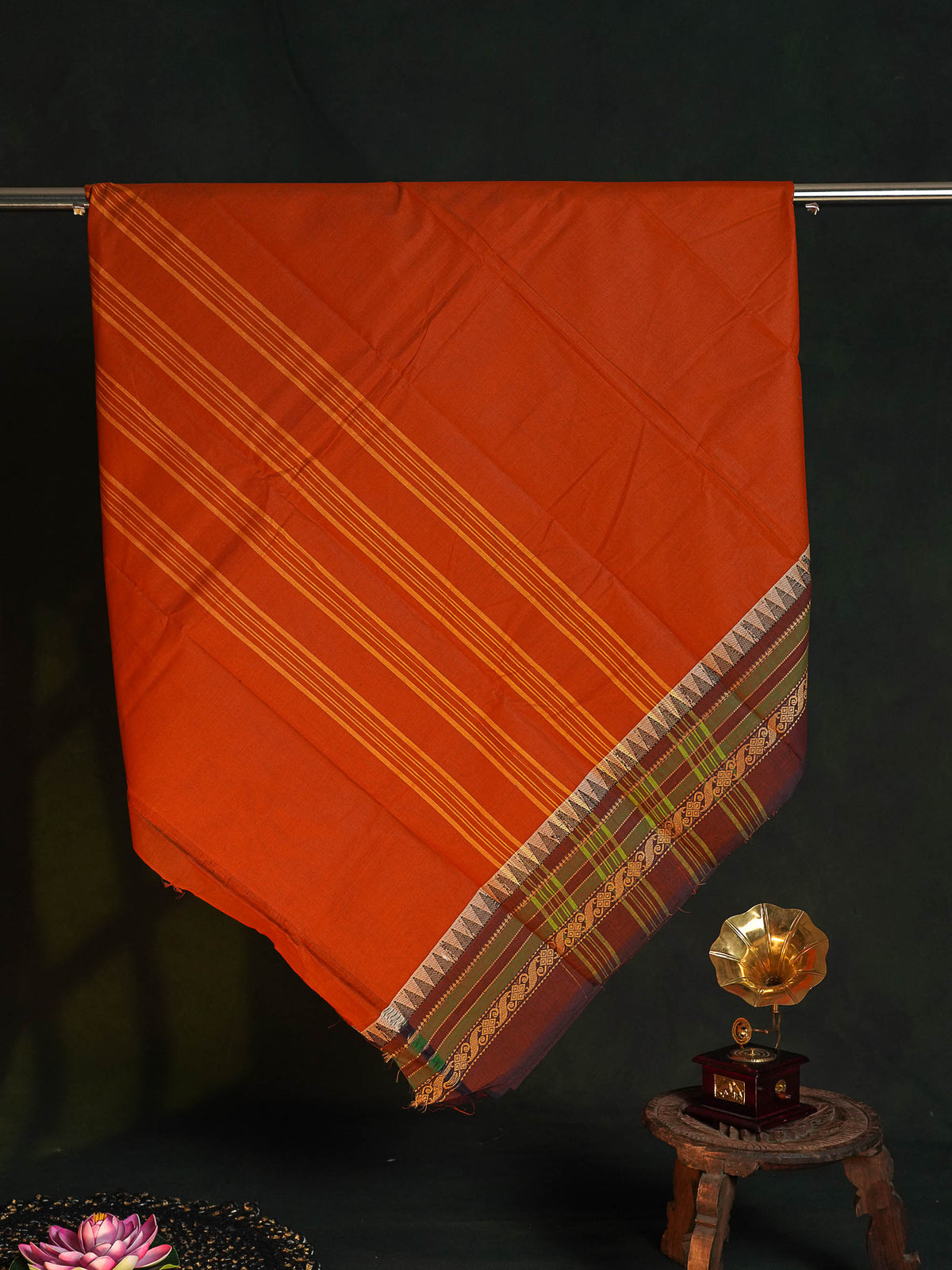 Chettinad Pure Cotton Saree - Rust Orange Colour Body Plain With Thread Work Border 