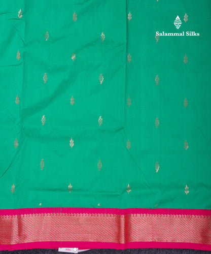 9.5 Yards Semi Silk Saree Sapphire Green With Contrast Pink Traditional Border