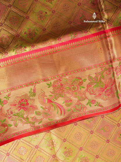 Multicolour Menakari Work Tissue Bridal Pure Kanjivaram Silk Saree With Contrast Chilly Red Border