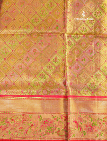 Multicolour Menakari Work Tissue Bridal Pure Kanjivaram Silk Saree With Contrast Chilly Red Border