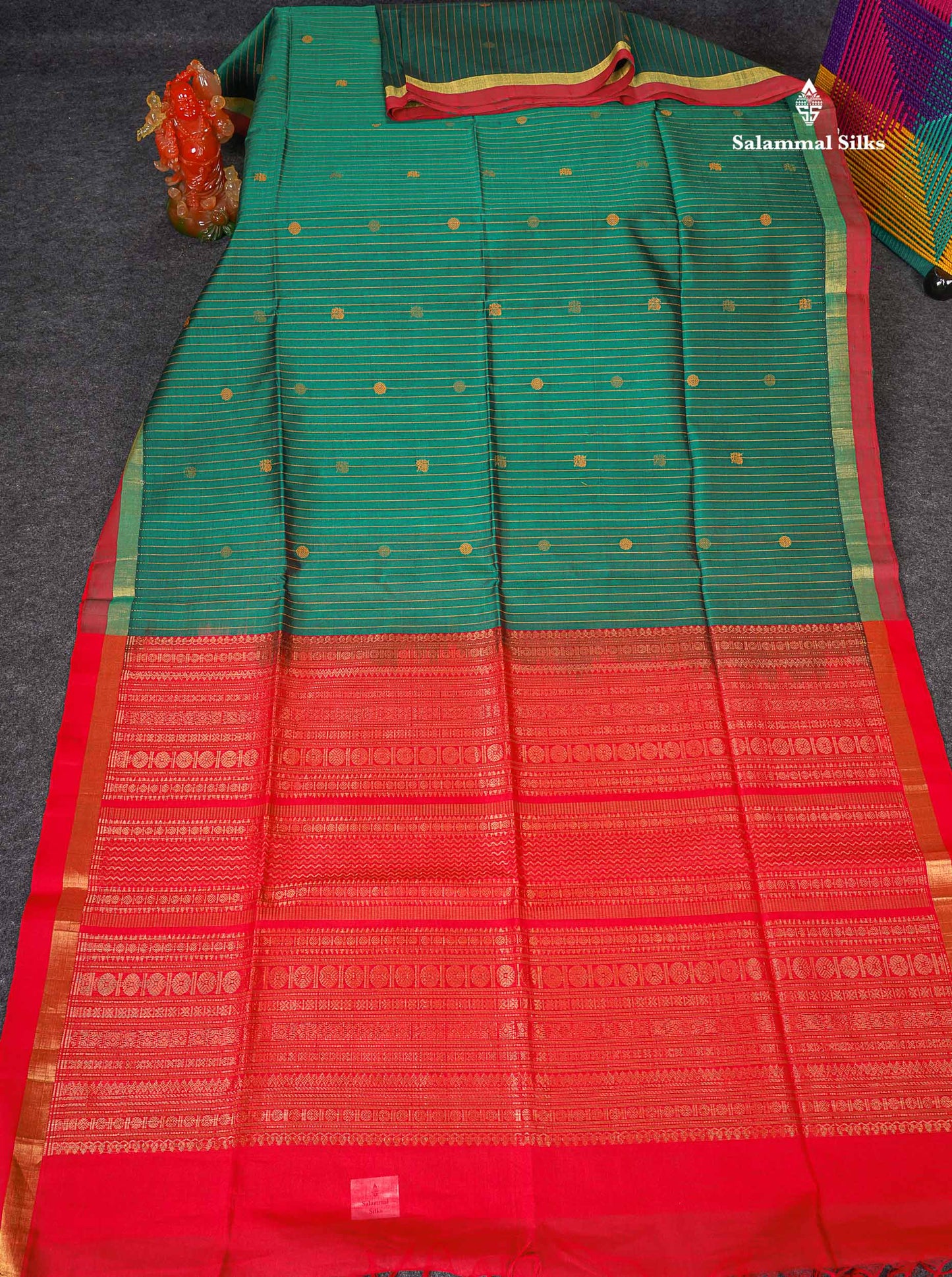 Pure Silk Cotton Saree - Peacock Green Colour Body Vertical Line With Thread Butta & Red Blouse 