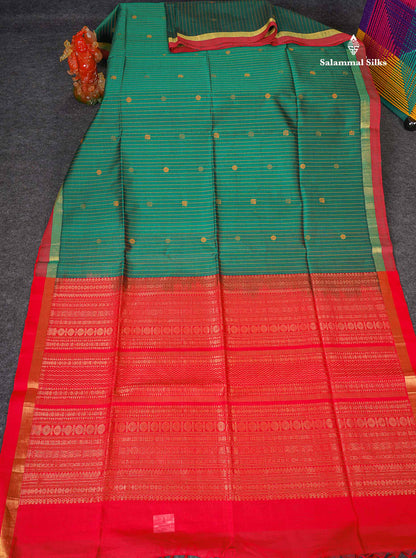 Pure Silk Cotton Saree - Peacock Green Colour Body Vertical Line With Thread Butta & Red Blouse 