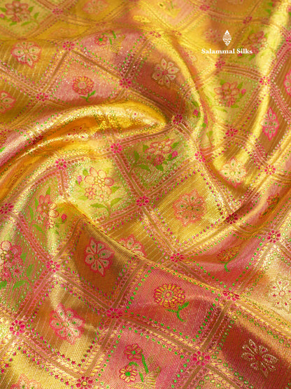 Multicolour Menakari Work Tissue Bridal Pure Kanjivaram Silk Saree With Contrast Chilly Red Border