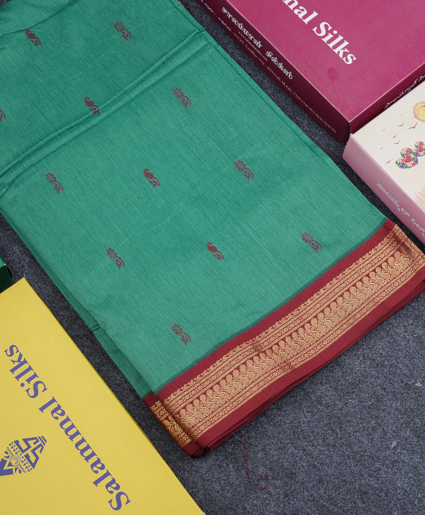 Sapphire Green Kalyani Cotton Saree With Contrast Maroon Border