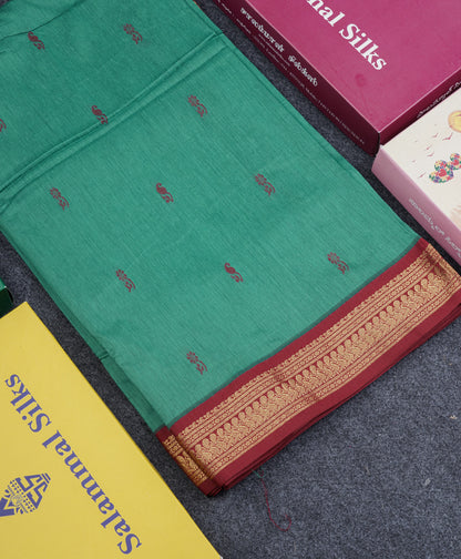 Sapphire Green Kalyani Cotton Saree With Contrast Maroon Border
