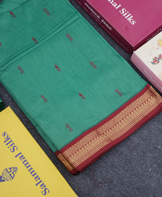 Sapphire Green Kalyani Cotton Saree With Contrast Maroon Border