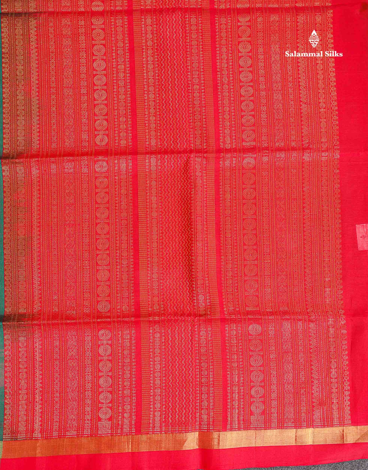 Pure Silk Cotton Saree - Peacock Green Colour Body Vertical Line With Thread Butta & Red Blouse
