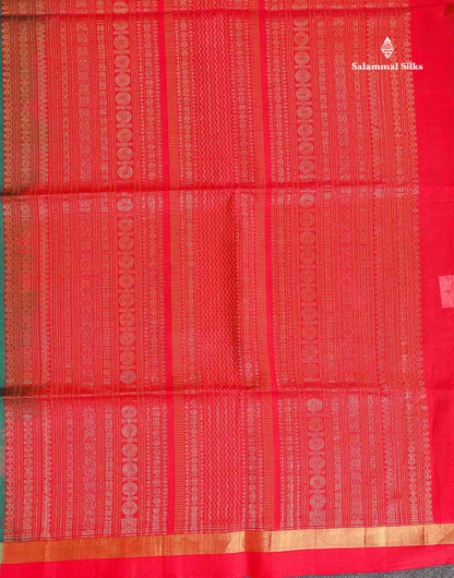 Pure Silk Cotton Saree - Peacock Green Colour Body Vertical Line With Thread Butta & Red Blouse