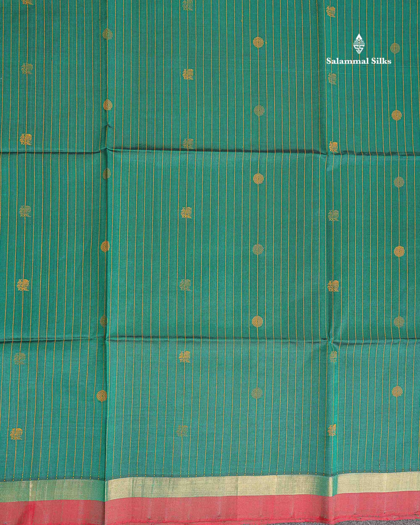 Pure Silk Cotton Saree - Peacock Green Colour Body Vertical Line With Thread Butta & Red Blouse