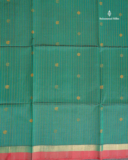 Pure Silk Cotton Saree - Peacock Green Colour Body Vertical Line With Thread Butta & Red Blouse