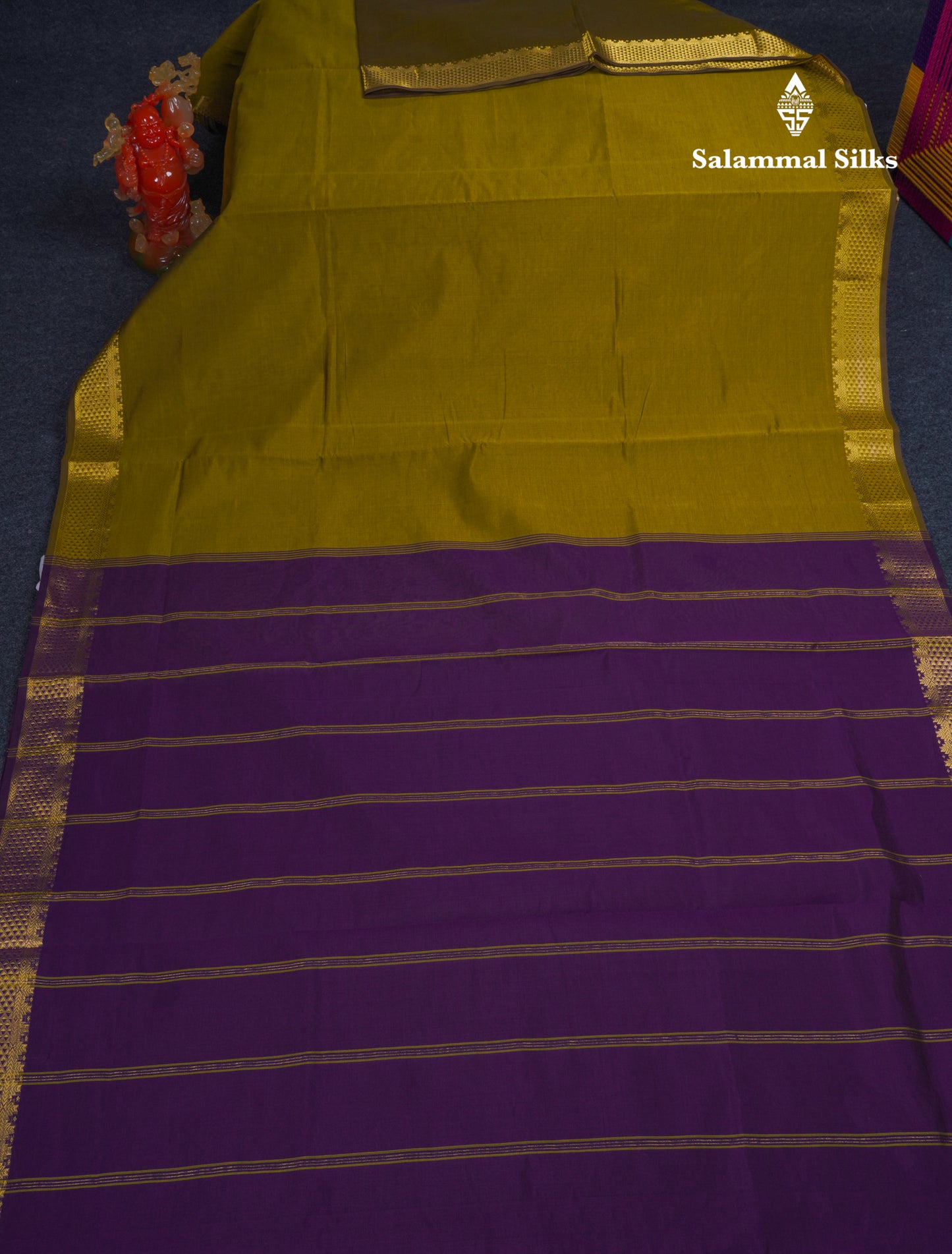 Olive Green Plain Semi Silk Cotton Saree With Contrast Dark Violet Blouse