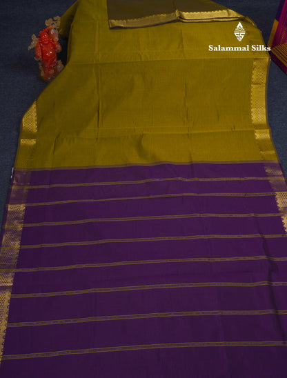 Olive Green Plain Semi Silk Cotton Saree With Contrast Dark Violet Blouse