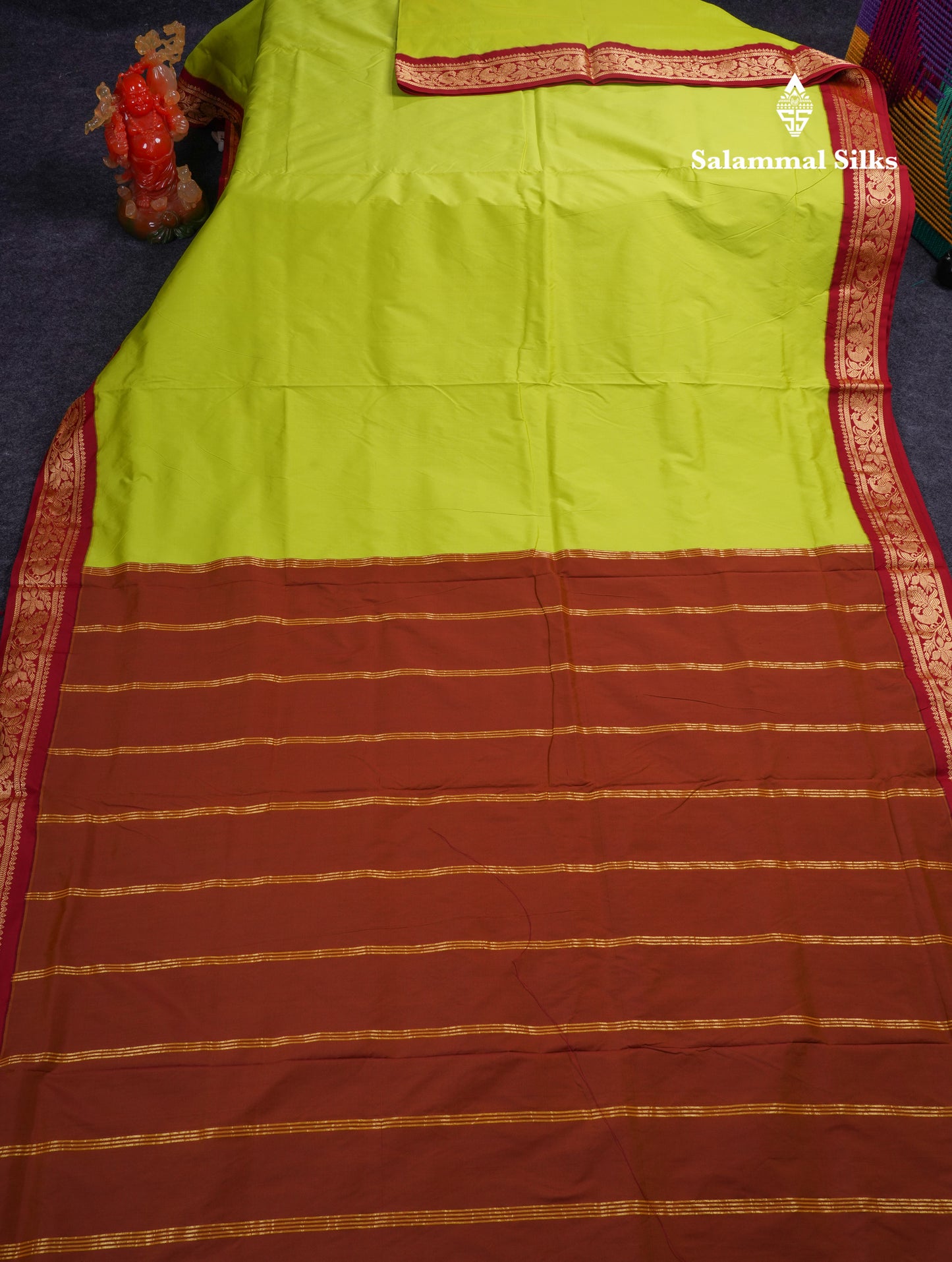 11 Yards Plain Semi Silk Saree Parrot Green with Contrast Dark Maroon Border