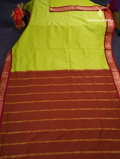 11 Yards Plain Semi Silk Saree Parrot Green with Contrast Dark Maroon Border