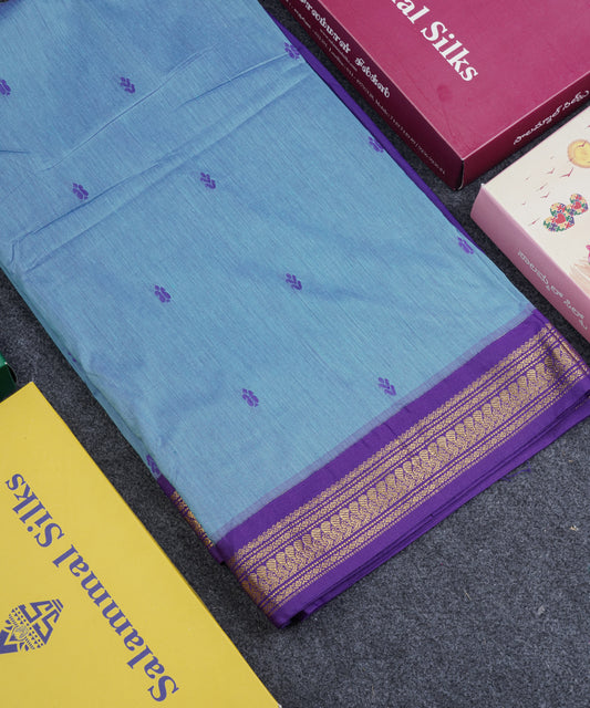 Dual Tone Blue Kalyani Cotton Saree With Contrast Violet Border