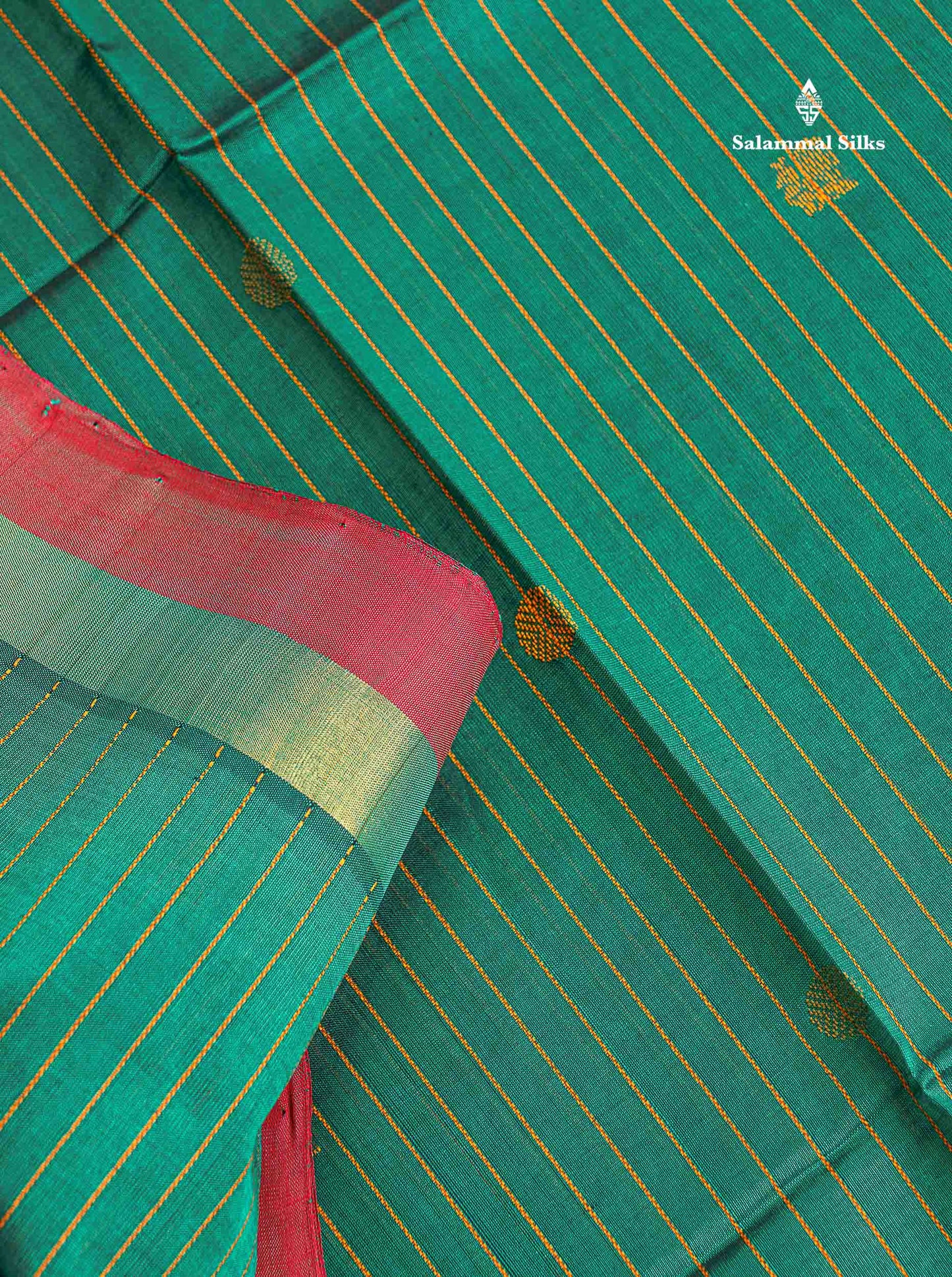 Pure Silk Cotton Saree - Peacock Green Colour Body Vertical Line With Thread Butta & Red Blouse