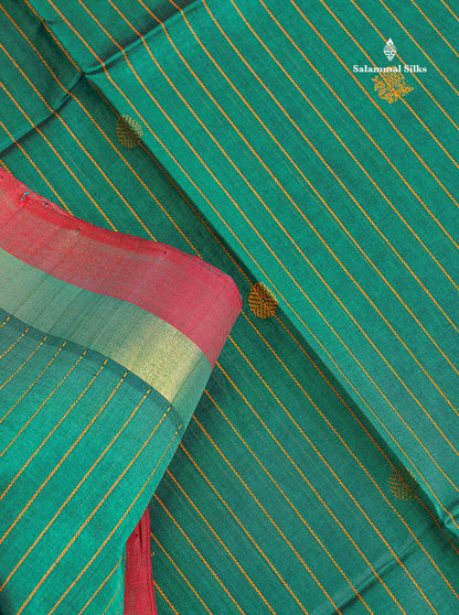 Pure Silk Cotton Saree - Peacock Green Colour Body Vertical Line With Thread Butta & Red Blouse