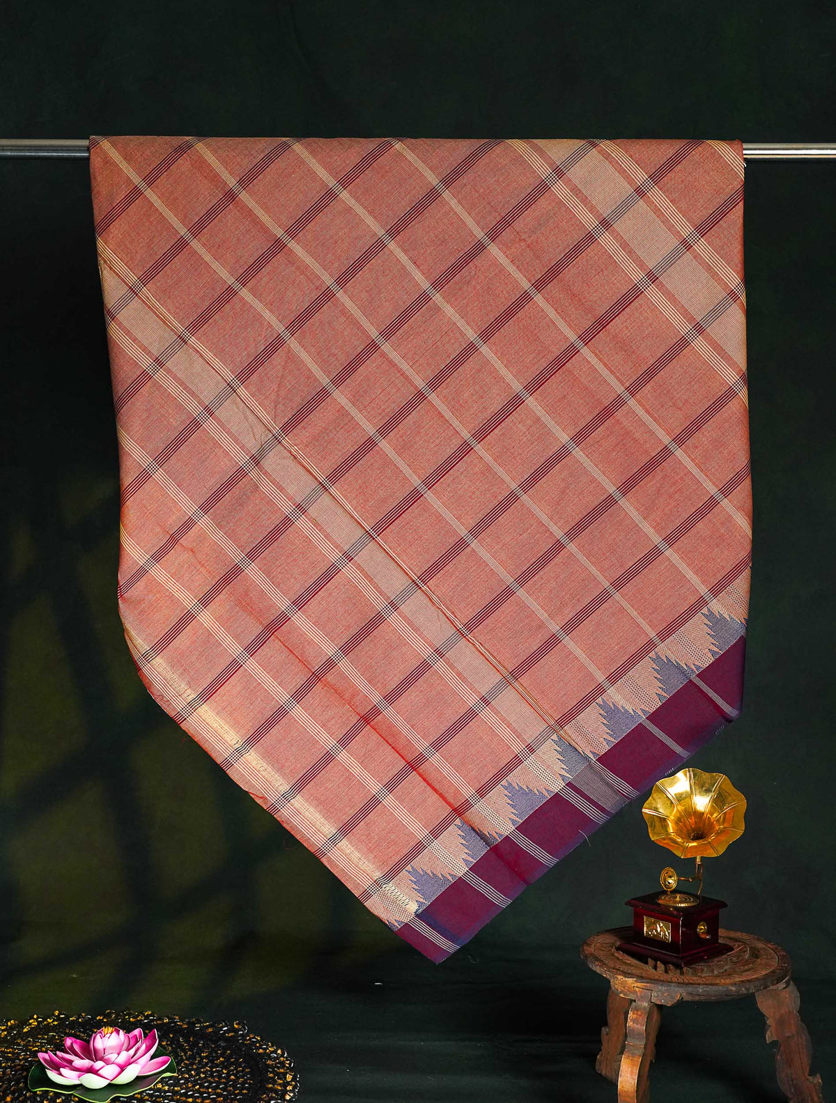 Chettinad Pure Cotton Saree - Peach Colour Body Checks With Temple Border