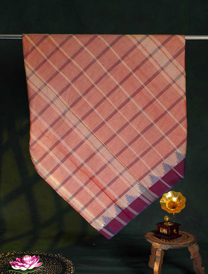 Chettinad Pure Cotton Saree - Peach Colour Body Checks With Temple Border