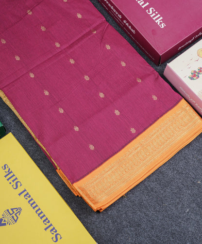 Pink Shade Kalyani Cotton Saree With Contrast Mango Yellow Border