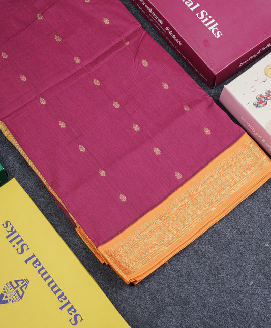 Pink Shade Kalyani Cotton Saree With Contrast Mango Yellow Border