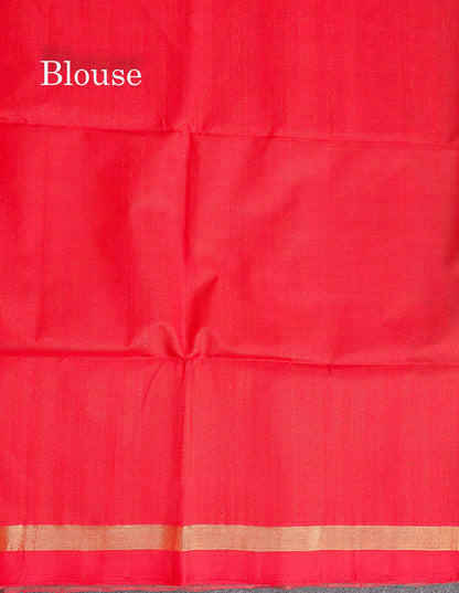 Pure Silk Cotton Saree - Peacock Green Colour Body Vertical Line With Thread Butta & Red Blouse
