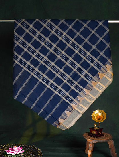 Chettinad Pure Cotton Saree - Navy Blue Colour Body Checks With Temple Border