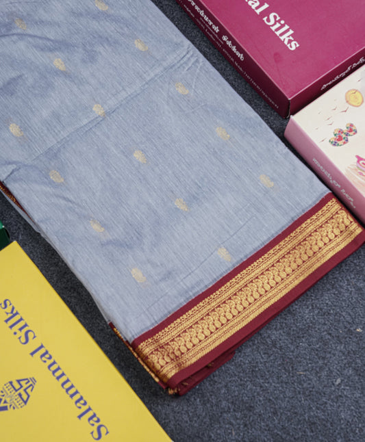 Light Grey Kalyani Cotton Saree With Contrast Maroon Border
