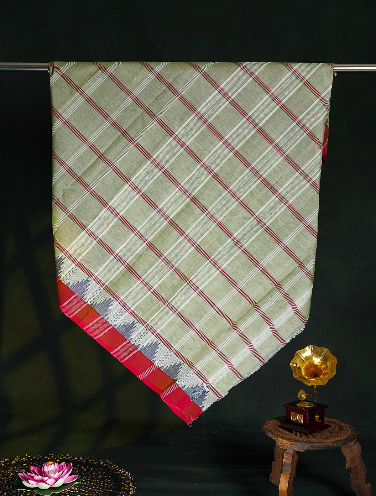 Chettinad Pure Cotton Saree - Cream Green Colour Body Checks With Temple Border
