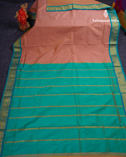 11 Yards Plain Semi Silk Saree Pink with Contrast Peacock Green Traditional Border